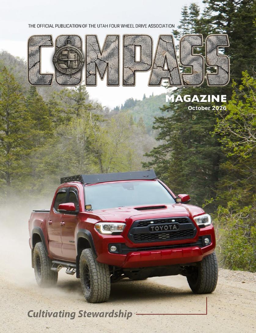 Cover of the Fall 2026 Compass magazine featuring a red Toyota Tacoma on a forest trail
