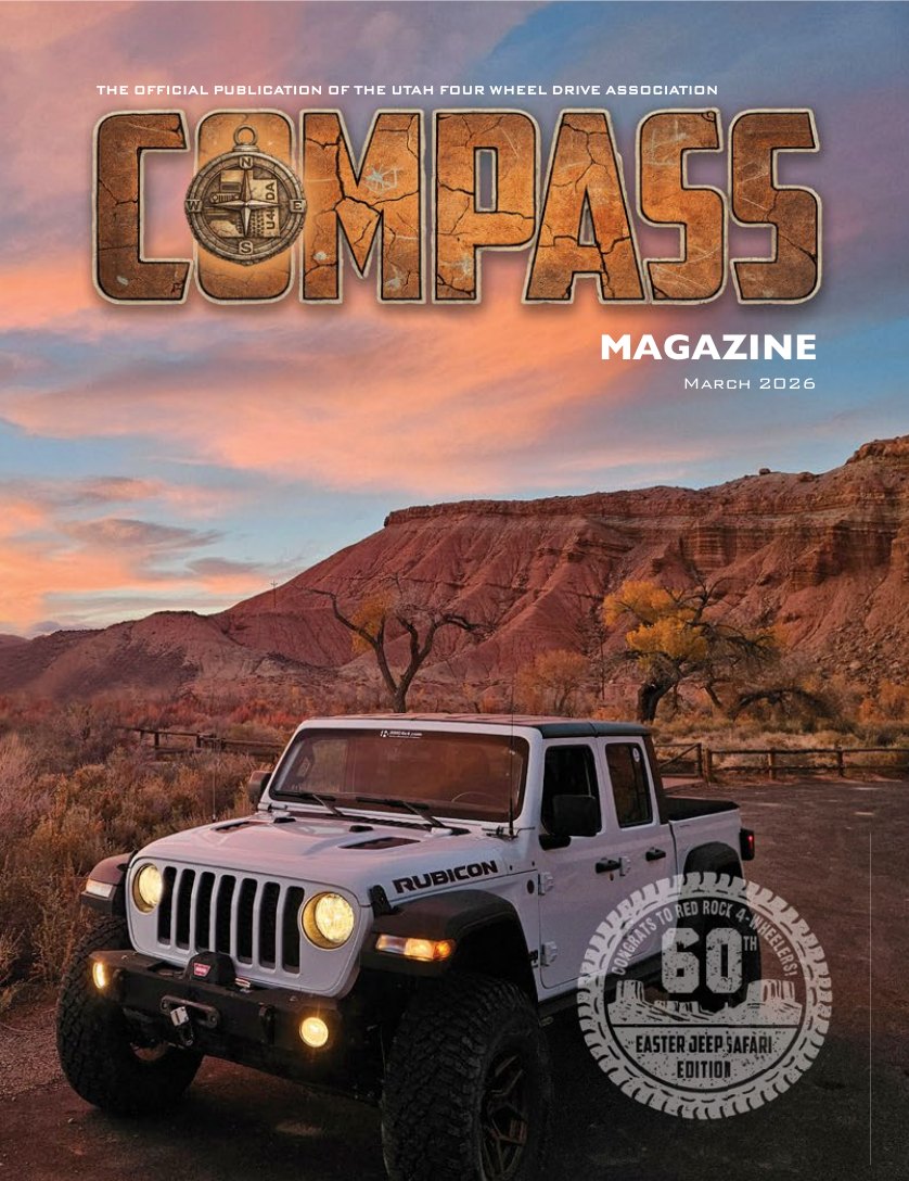 Cover of the Spring 2026 Compass magazine featuring a Jeep Gladiator in southern Utah